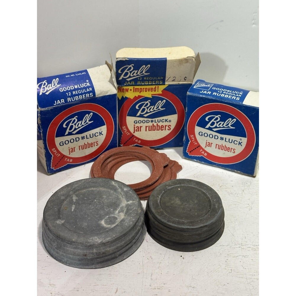 Ball Canning Lot Of 2 Zinc Lids And 36 NOS Good Luck Jar Rubbers